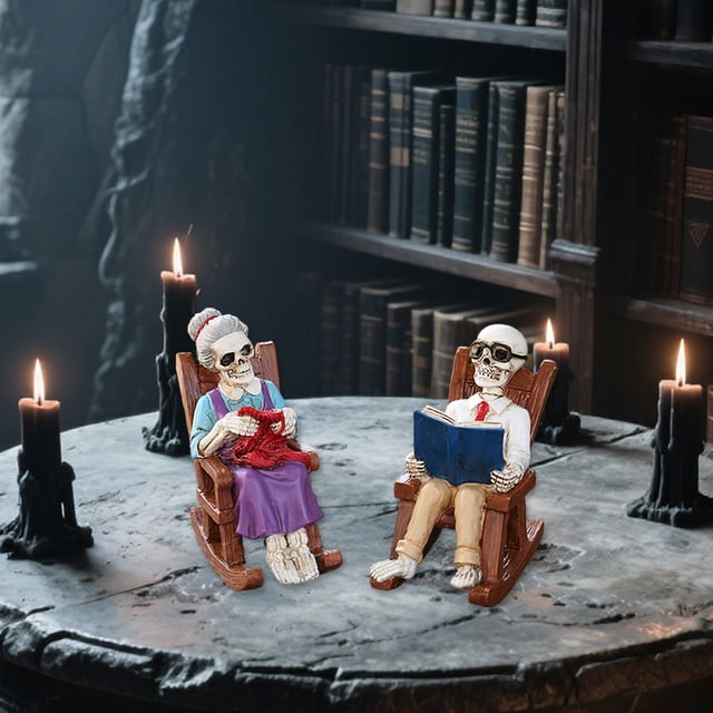 QTOCIO Skeleton Statue Set - Elderly Couple Sitting In A Rocking Chair Reading A Book Suitable For Living Room Halloween Bookshelf Unique Skeleton Statue Gift
