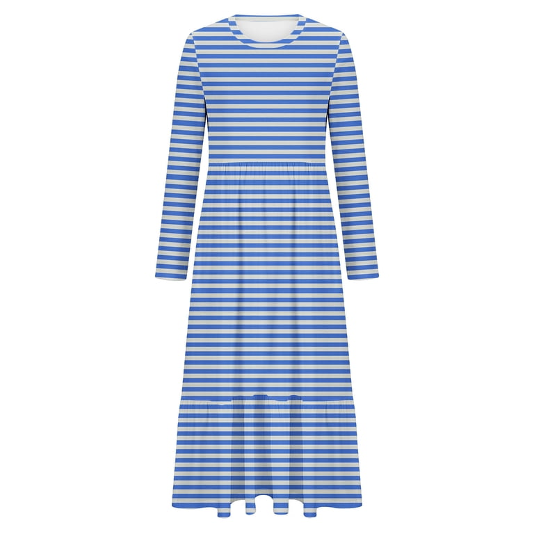 Beach Dresses Women's Fashion Fall Winter Long Dress Crewneck Long Sleeve  Striped Patchwork Trendy Maxi Dress with Pockets S-196 Blue XXL -  Walmart.com