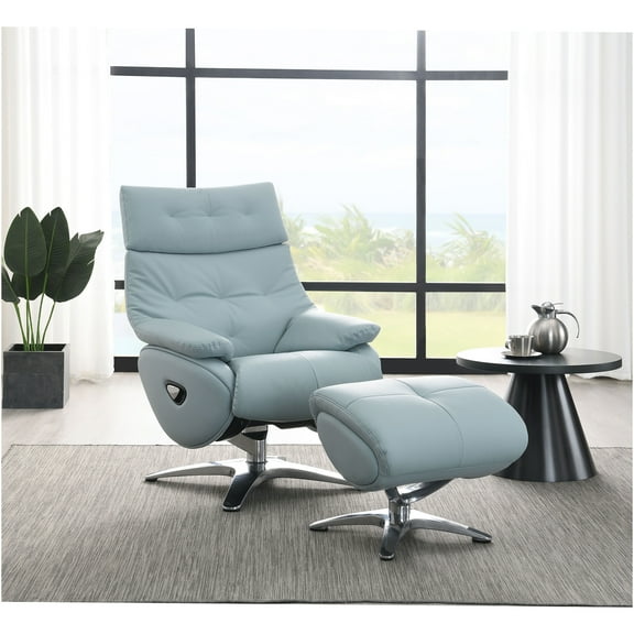 JERFIT Modern Swivel Recliner Chair with Ottoman, Top Grain Leather, 360° Swivel Motion, Compact Wall Hugger Design for Living Room, Baby Blue