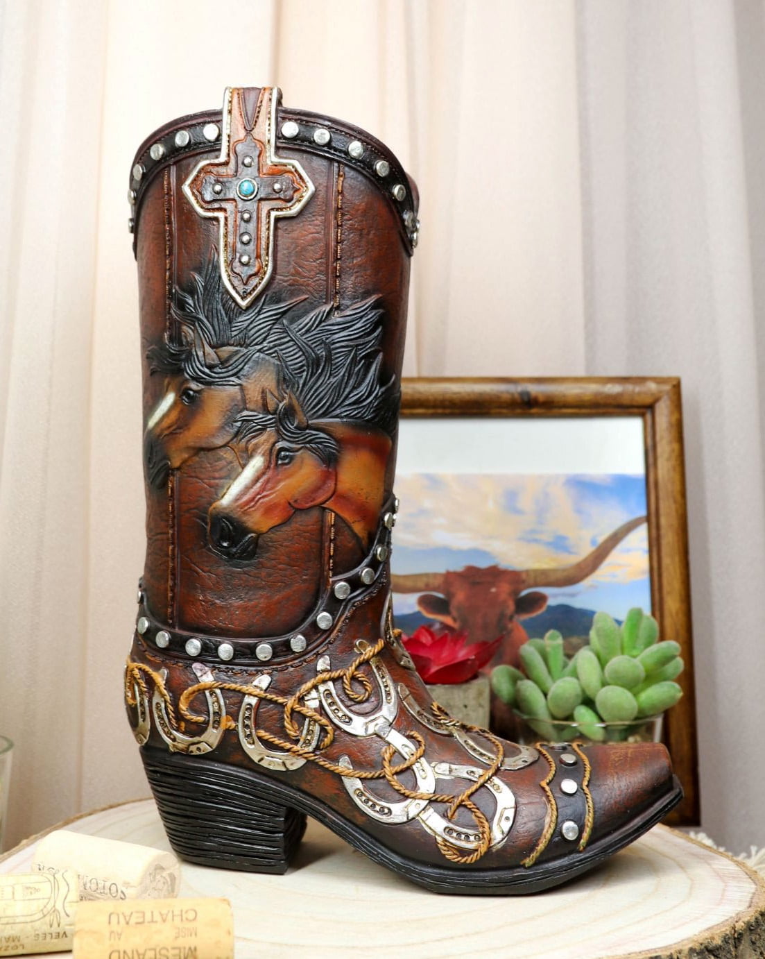 Worn Cowboy Boot Planter with Spurs Drain Hole in Bottom 