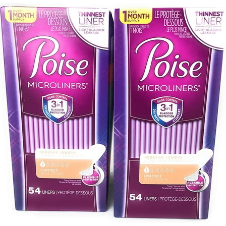 Poise Microliners incontinence panty liners, lightest absorbency, regular, 54 Count, (Pack of 2)