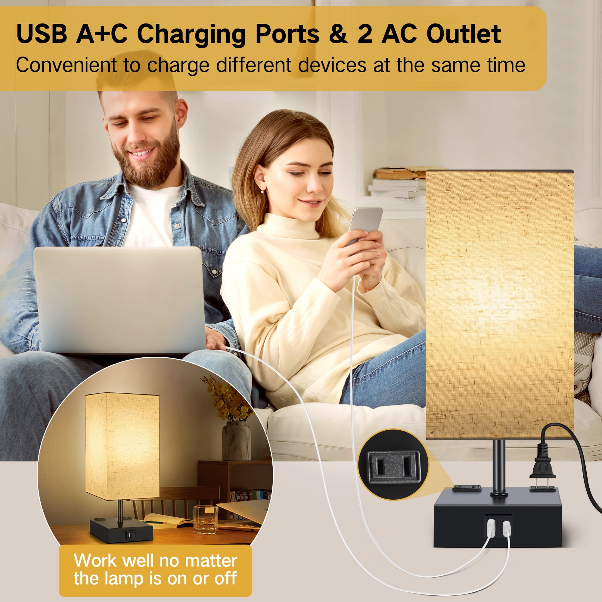OUTON Touch Control Table Lamp Set of 2 for Living Room, Dimmable Bedside Lamp with USB C+A Ports, Modern Tall Nightstand Lamp for Bedroom,Bulbs Included, Black
