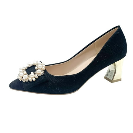 

Women‘s Pointed Toe Faux Pearls Decor High Heels Chunky Heel Wedding Bridesmaid Shoes Dress & Going Out Heels