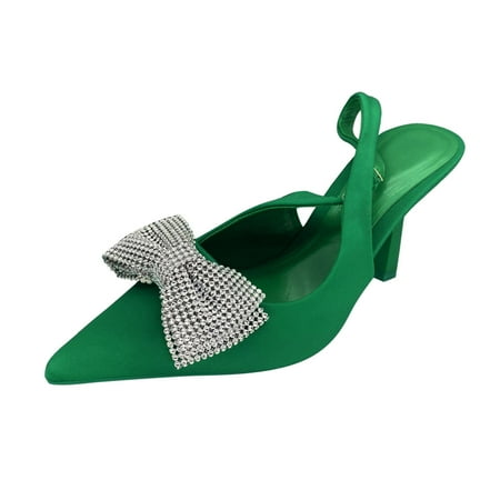 

Cathalem Ladies Fashion Solid Color Rhinestone Bow Decoration Pointed Thin High Heeled Sandals Green 38