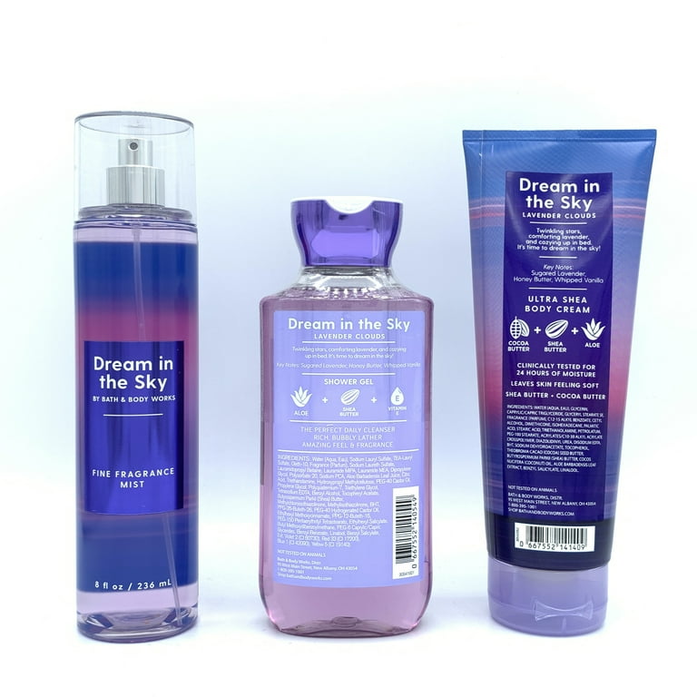 Bath and Body Works Dream in the Sky Lavender Clouds Fine Fragrance Mist,  Shower Gel and Body Cream 3-Piece Bundle