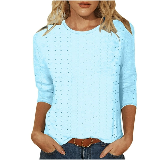Blouses pour Femmes T-Shirt Ample Uni Mi-Longueur Manches 3/4 Blouse Col Rond Décontracté, Blouses pour Femmes T-Shirts pour Femmes, Blouses pour Femmes Décontractées
