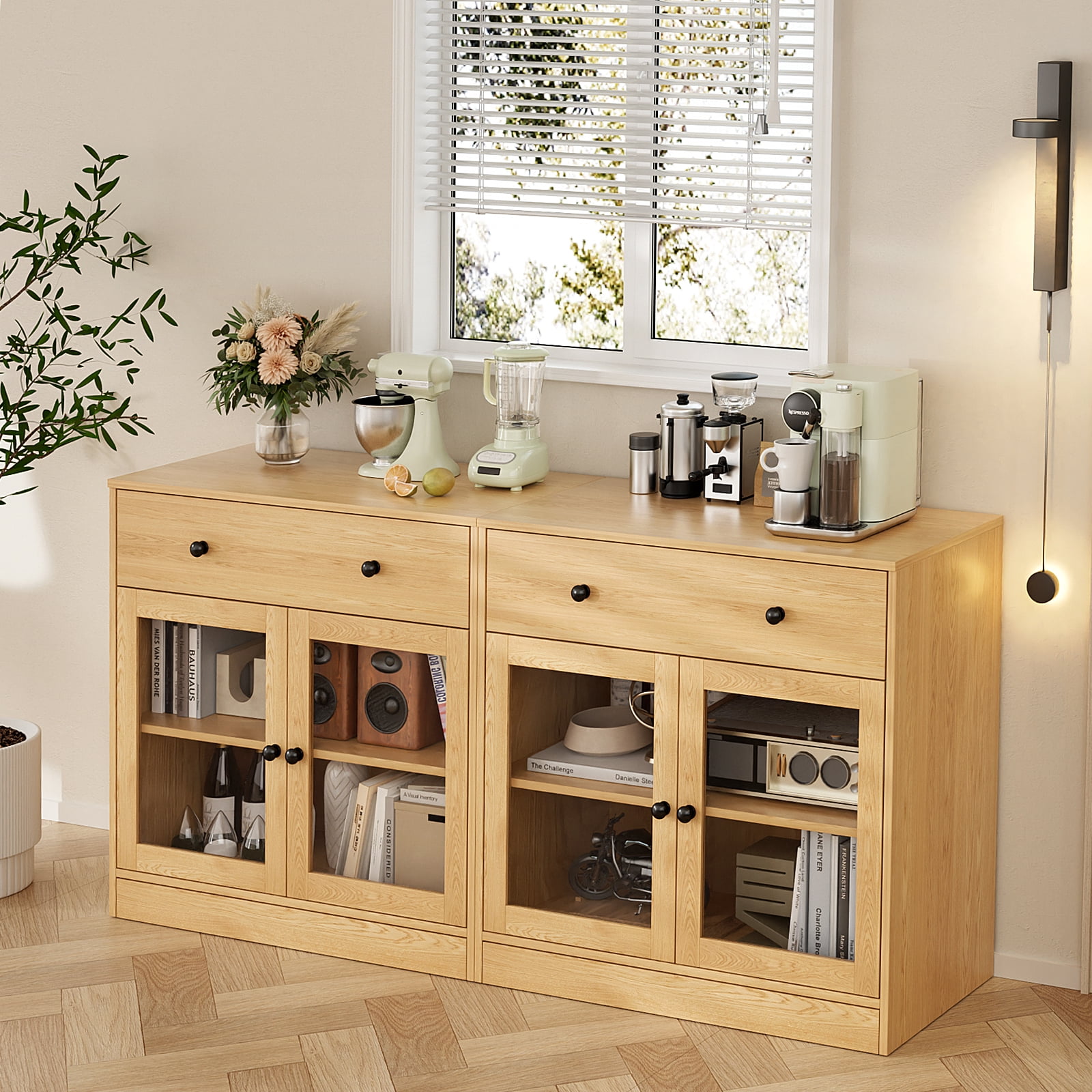 RichYa 4Pcs Kitchen Pantry Storage Cabinet,Modular Furniture Cabinets with Drawers,Hutch Buffet Cabinet with Display Glass Doors for Dining Room,Wood