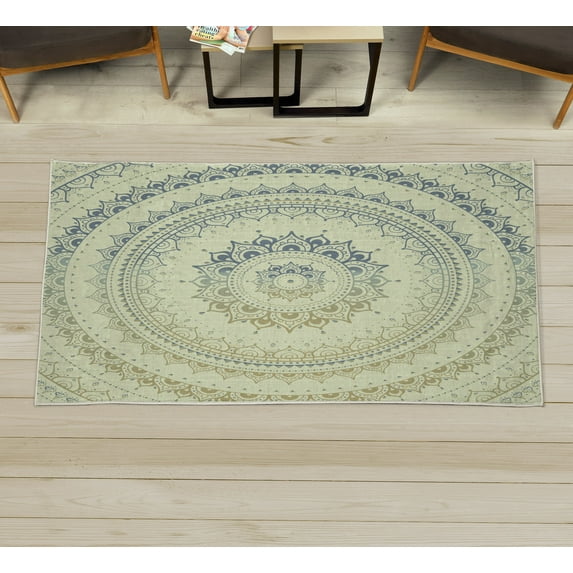 Mandala Decorative Rug, Circle Universe and Cosmos Esoteric Oriental Flower Pattern of Image Print, Quality Carpet for Bedroom Dorm and Living Room, 6 Sizes, Pale Yellow, by Ambesonne