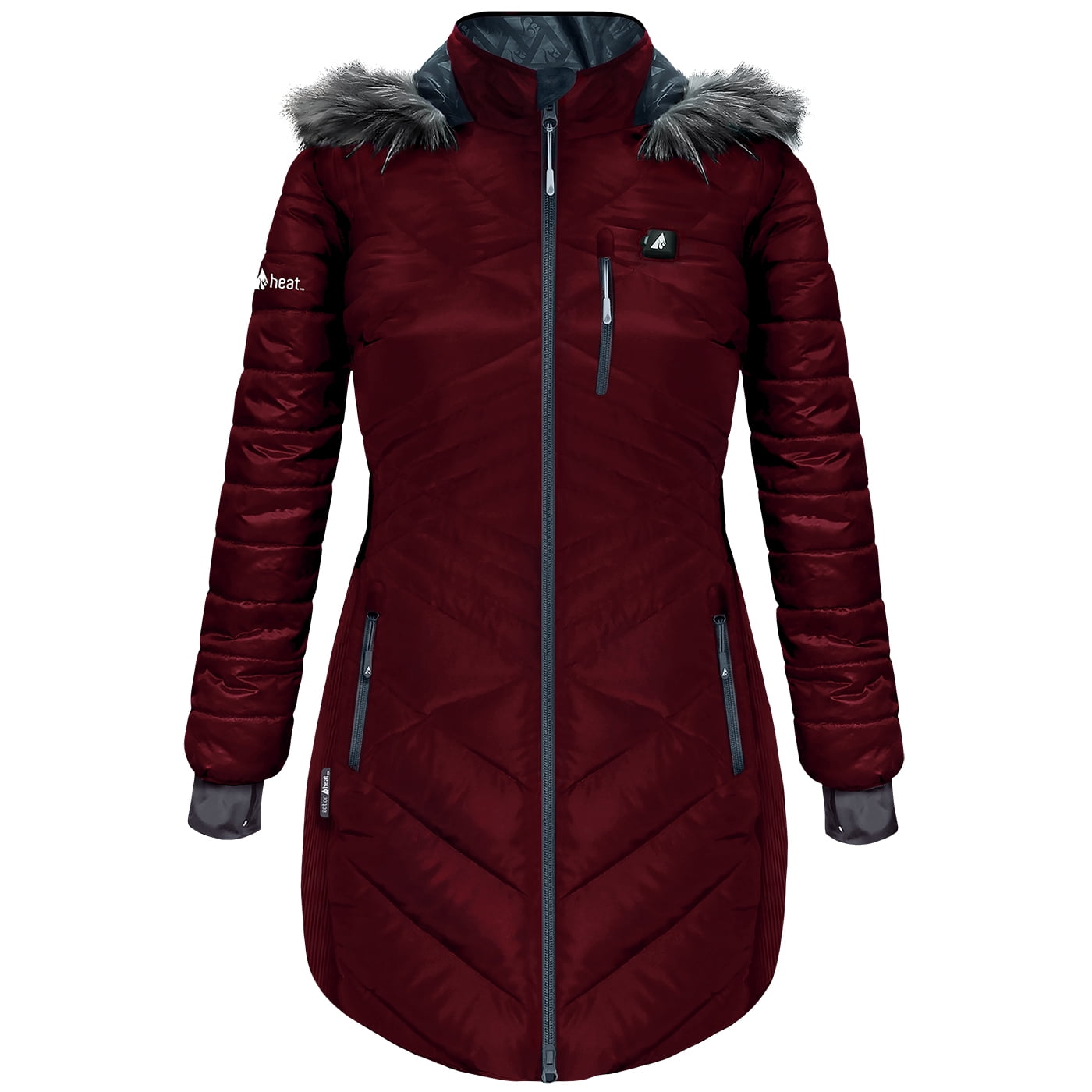 ActionHeat Women's 5V Battery Heated Long Puffer Jacket W/ Fur Hood - Wine - L