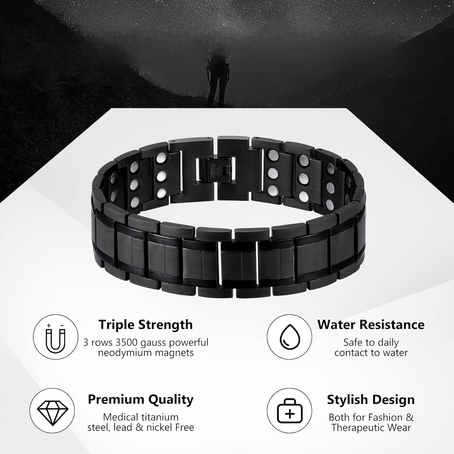3X Black Magnetic Bracelets for Men, Set of 2