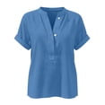 thumbnail image 5 of Sevevn Women's Casual Linen Button Down Shirts V Neck Rolled Short Sleeve Blouses Loose Fit Comfy Tunic Tops Blue S, 5 of 6
