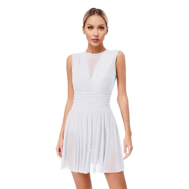 inlzdz Robe de Danse Lyrique à Strass Pailletés pour Femmes Robe de Patinage Fluide Justaucorps de Ballet Danse Moderne Blanc S