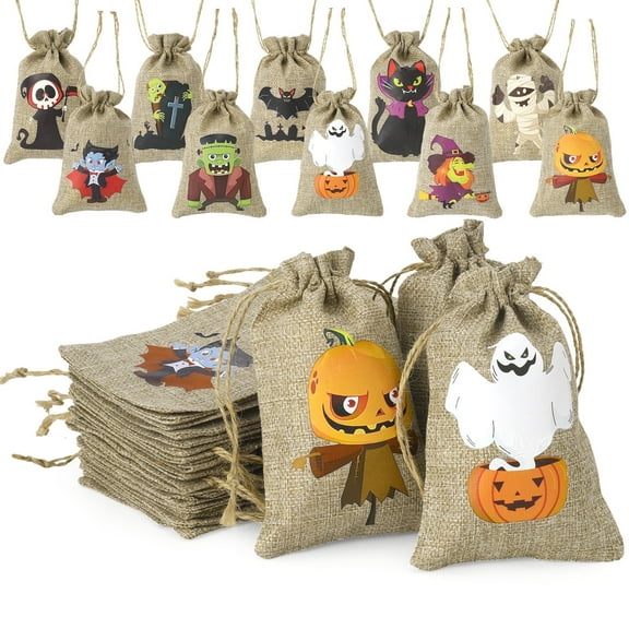 HEQUSIGNS Halloween Burlap Gift Bags with Drawstring, 30 Pack 6"x 4" Trick or Treat Candy Goodie Bags for Kids, Halloween Linen Jute Bags for Party Favor Decorations Supplies