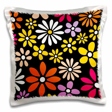 - 3dRose Retro Flower Pattern - White Yellow and Orange Daisy Flowers on Black - 60s 70s hippy hippie daisies - Pillow Case, 16 by 16-inch