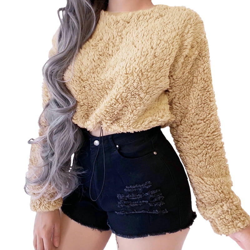 white faux fur crop top