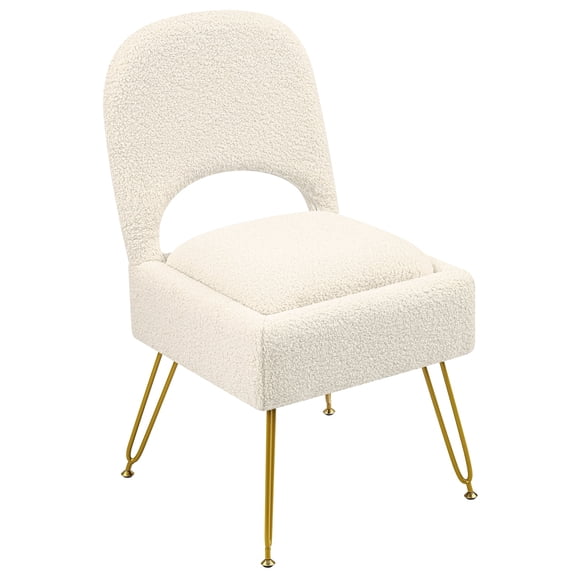 Furniliving Vanity Stool Chair with Storage and Folding Back, Faux Fur Makeup Ottoman, Makeup Chair with Anti-Slip Feet, Upholstered Footstool for Makeup, Bedroom, White