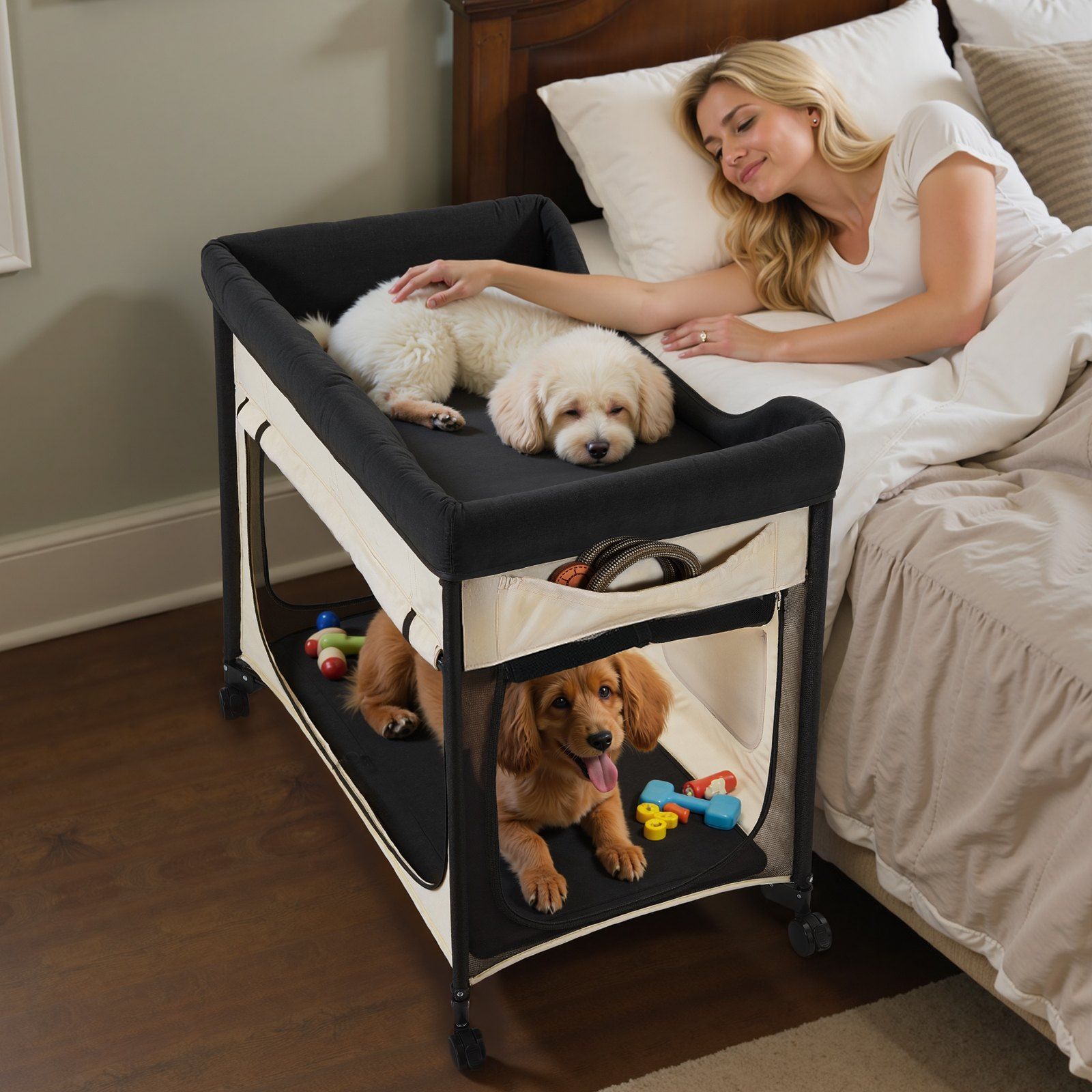 Elevated Lounge Pet Bed XL Foldable Bunk Dog Bed with Dual Levels, Swivel Wheels, Side Storage Bags, Waterproof Oxford Base, Carbon Steel Frame and Portable Design for Travel and Home Comfort