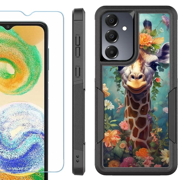 Heavy Duty Dual Layer Hybrid Phone Case for Samsung Galaxy S24 FE 5G with Tempered Glass Screen Protector, by OneToughShield - Giraffe Flower