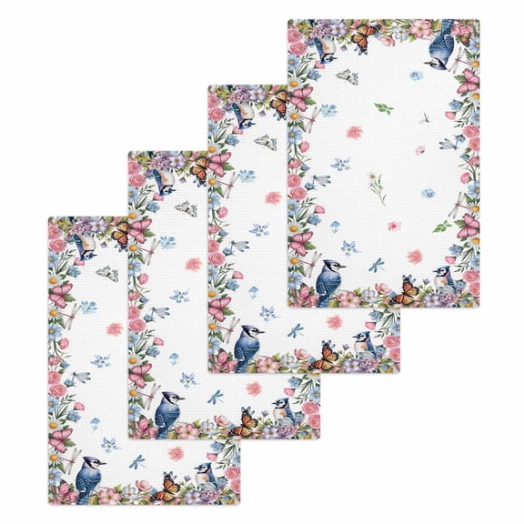 Spring Floral Kitchen Dish Towels for Drying Dishes Set of 4, Watercolor Flower Butterflies Birds Plant Waffle Weave Microfiber Hand Tea Bathroom Towels Quick Dry & Absorbent Towel 15.7x23.6
