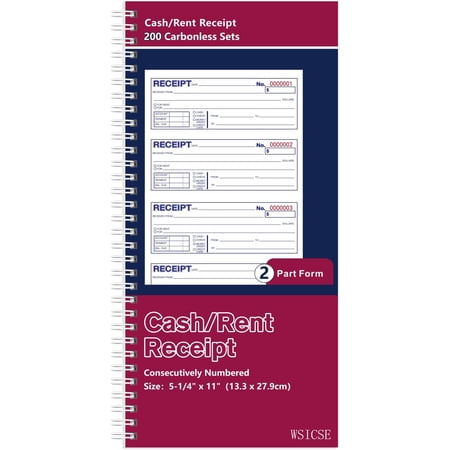 1 Pack Receipt Books with Carbon Copies, Rent Receipt Book, 2-Part Carbonless, 5.24" x 11 Spiral Bound, (White and Yellow), 200 Sets Per Book