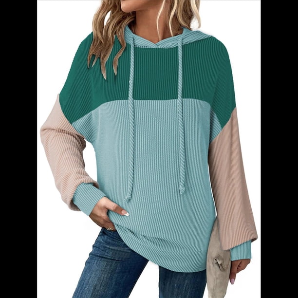 Sudadera con Capucha para Mujer, de Gran Tamaño, con Bloques de Color, Larga y Cordón Ajustable, Estilo Casual, Otoño 2025 Verde L