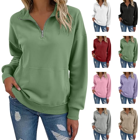 Womens Pullover Half Zip Collar Sweatshirt Drop Shoulder Long Sleeve Front Pocket for Casual Outfits