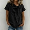 thumbnail image 2 of FAIWAD Shirts for Women Summer Tie Neck Bow Knot Linen Tops Trendy Casual Business Short Sleeve Blouse, 2 of 8