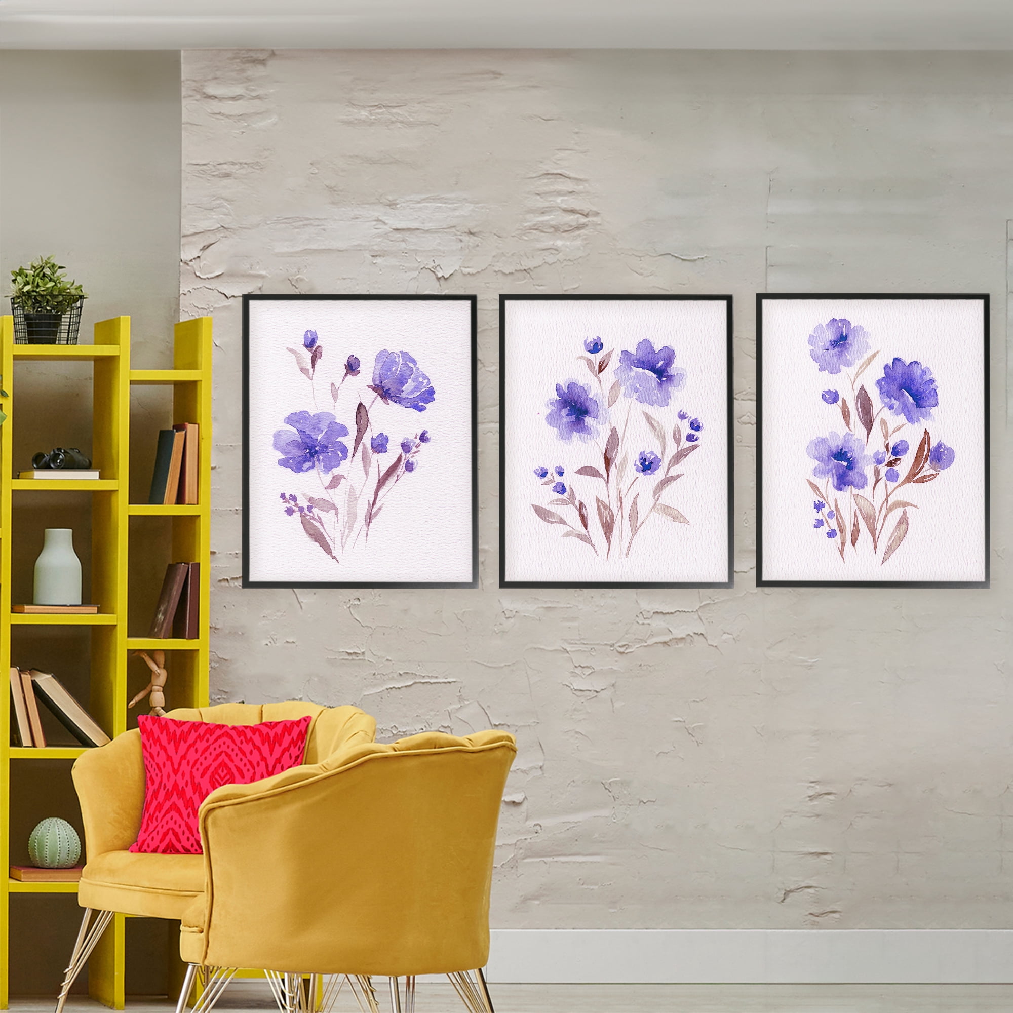 Stupell Industries Watercolor Purple Blooms 3 Piece Black Framed Giclee Art Set, design by Leah Noel Art