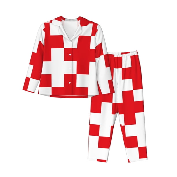 Balery Red Cross 1 Conjunto de Pijama con Estampado para Mujer, Conjunto de Dos Piezas con Manga Larga, Ropa de Dormir Suave con Bolsillos, Pijamas Cómodos-Large