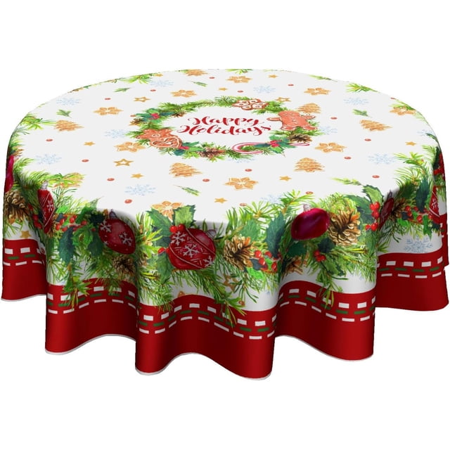 Christmas Ball Round Tablecloth 60 Inch Happy Holidays Waterproof Table Cover Home Restaurant Kitchen Picnic Party Decoration