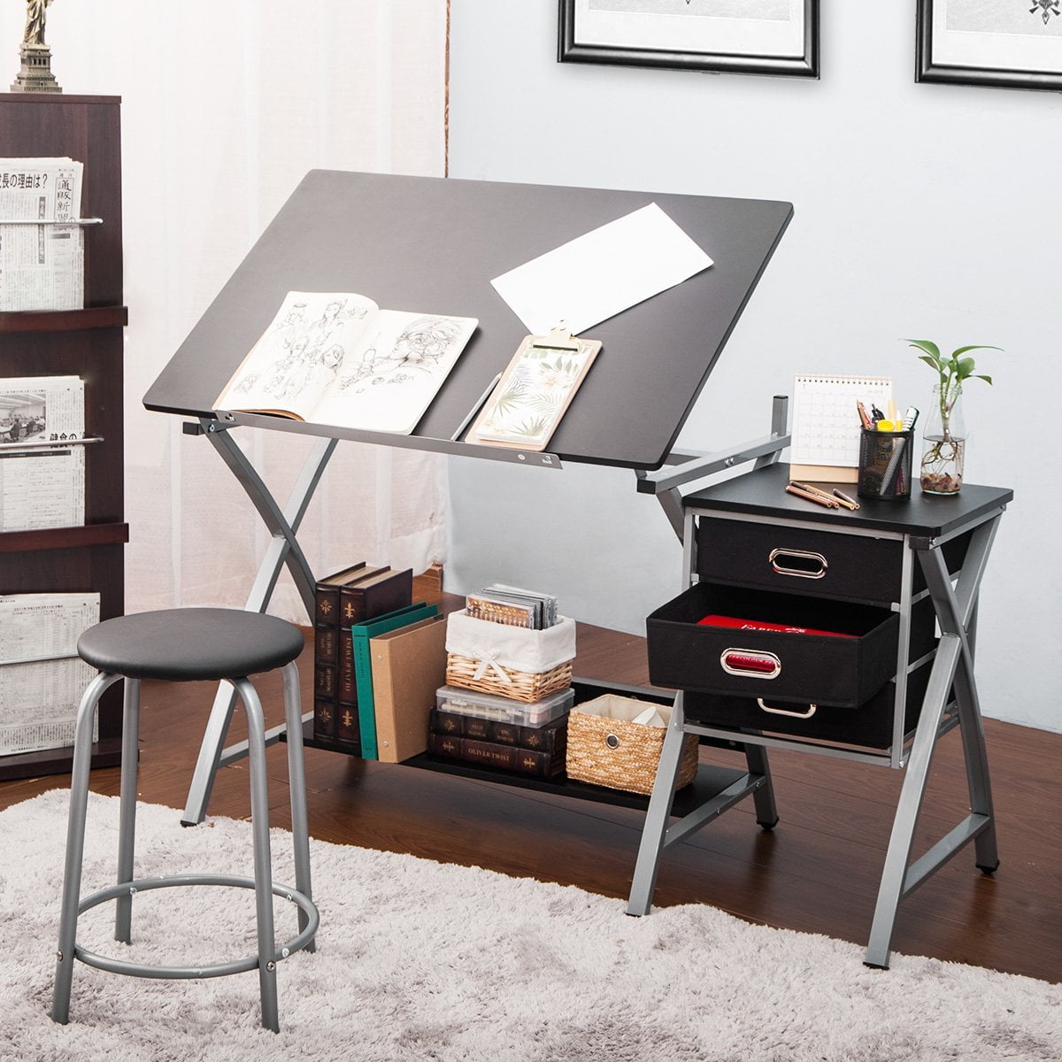 Harper&Bright Designs Folding Drafting Table Drawing Desk with Drawers ...