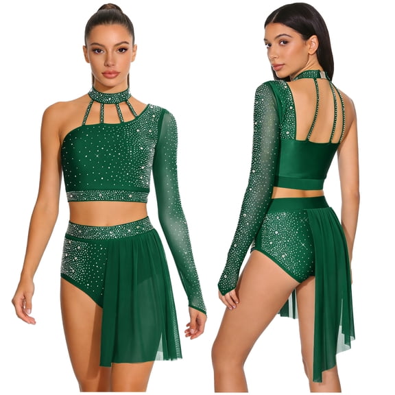 Aislor Lyrical Dance Women Single Long Sleeve Crop Top with Skirted Briefs Ballet Skating Outfit Dark Green M