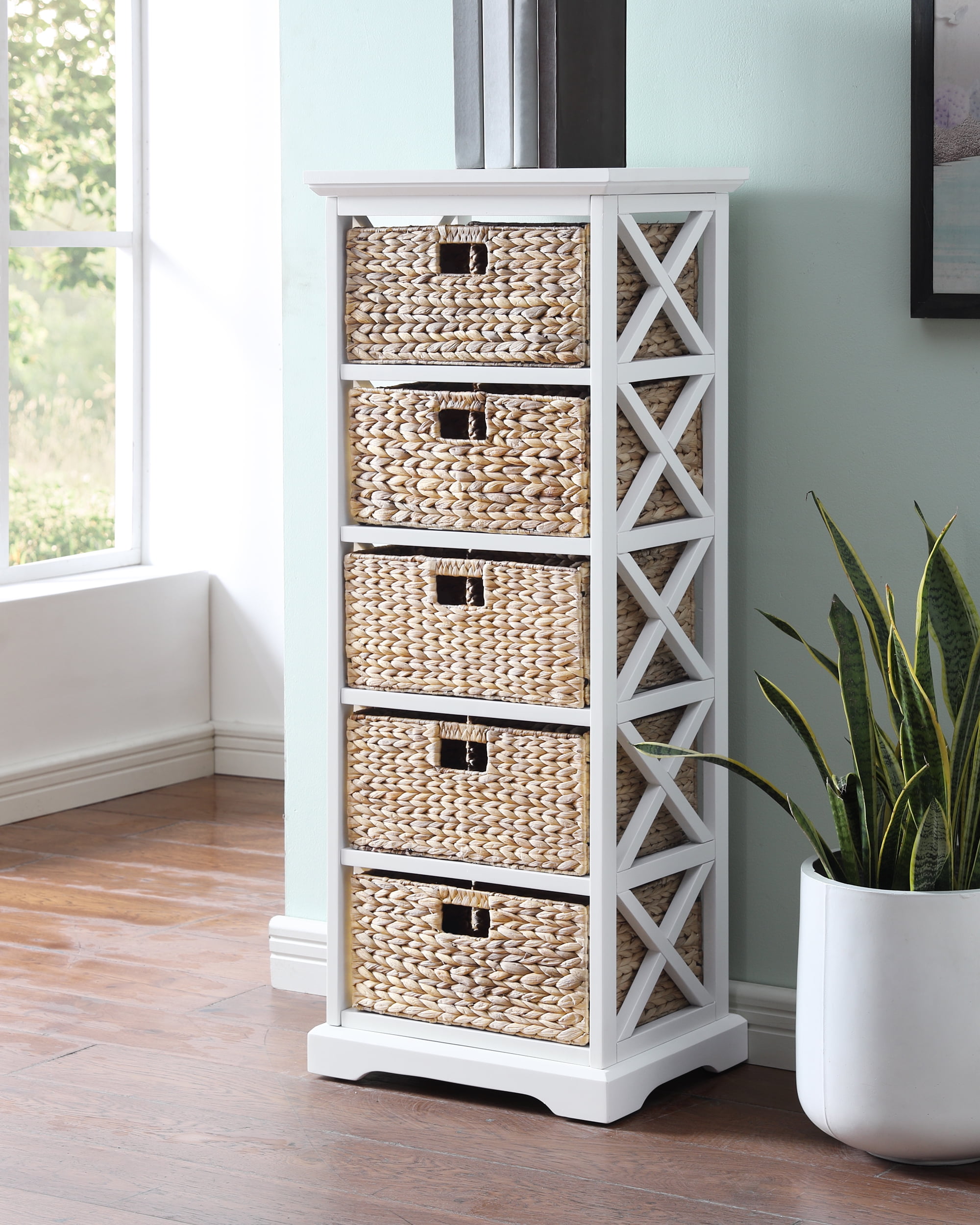 eHemco 5 Tier XSide End Storage with 5 Wicker Baskets, White