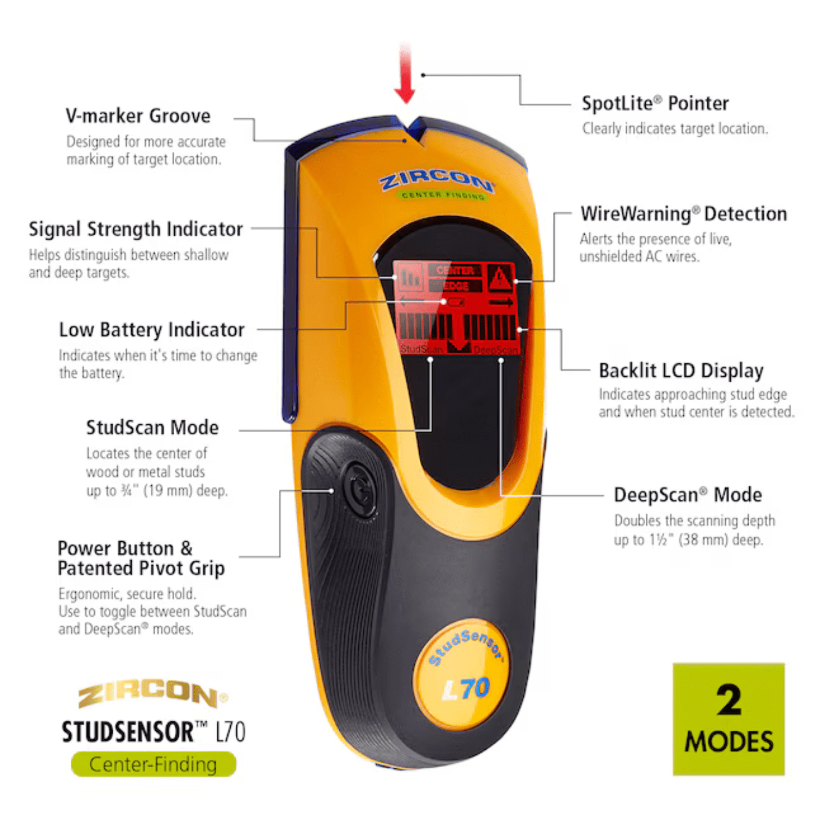 Zircon 1.5 Inch Deep Scan Metal and Wood Stud Finder with AC Wire Warning Detection, SpotLite Pointer, Audio Alert and Auto Correcting Technology