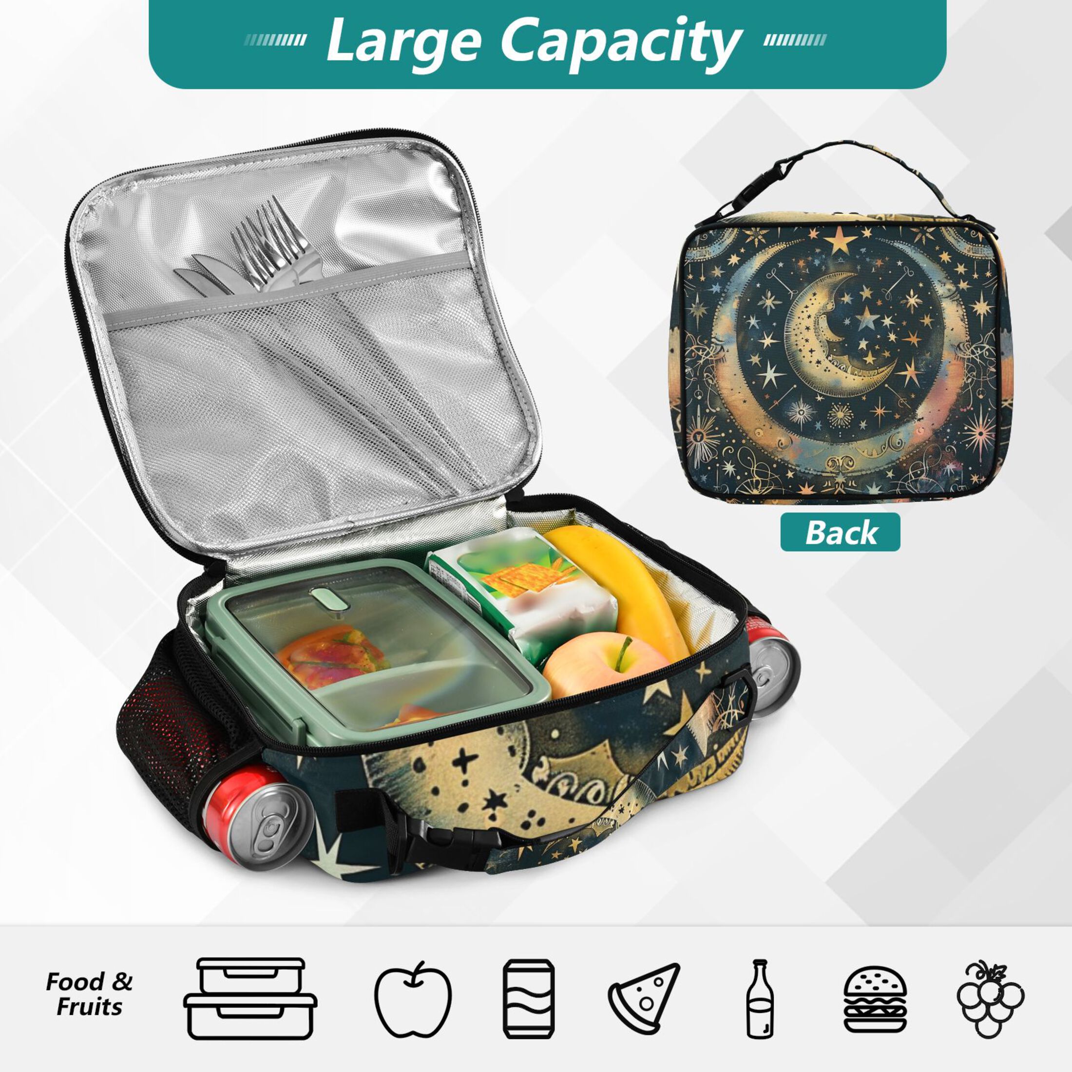 ALAZA Bohemia Ethnic Moon and Star Lunch Box Insulated Lunch Bag Cooler Tote with Shoulder Strap