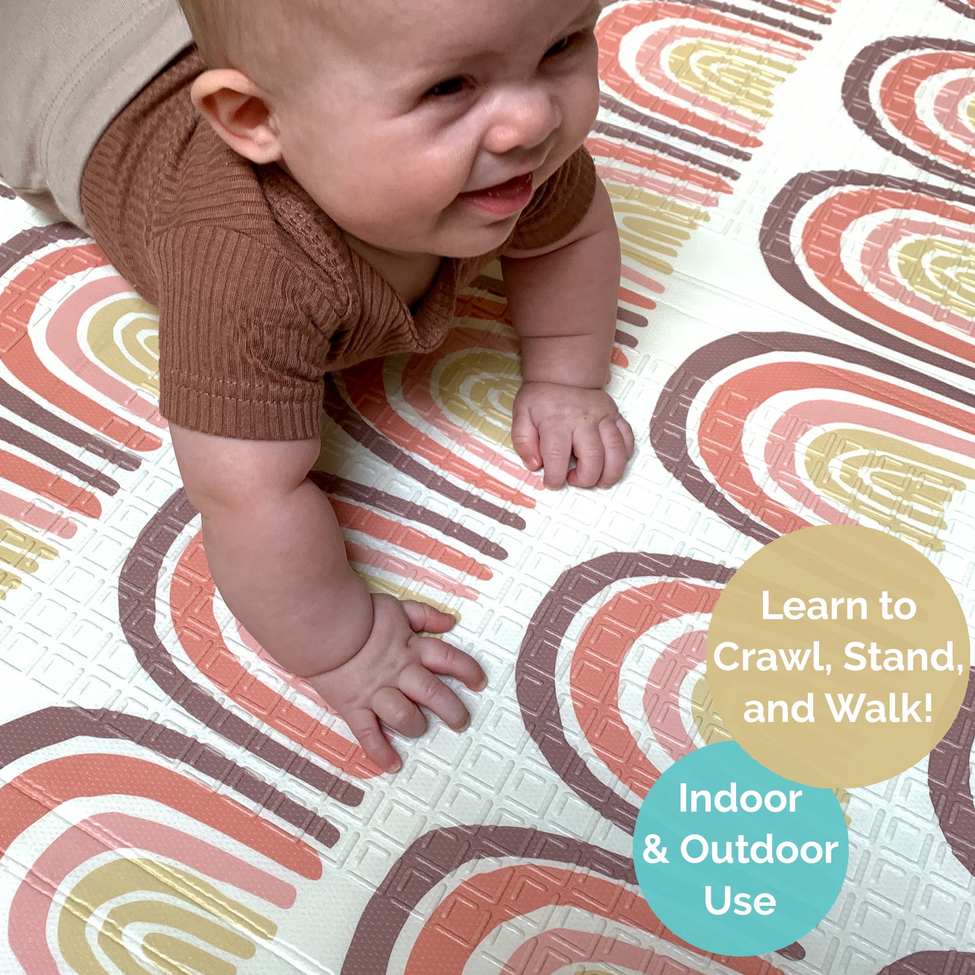 JumpOff Jo Large Foldable Kids Foam Play Mat, Padded Baby Floor Mat, 70 x 59 in - Elephant Rainbow