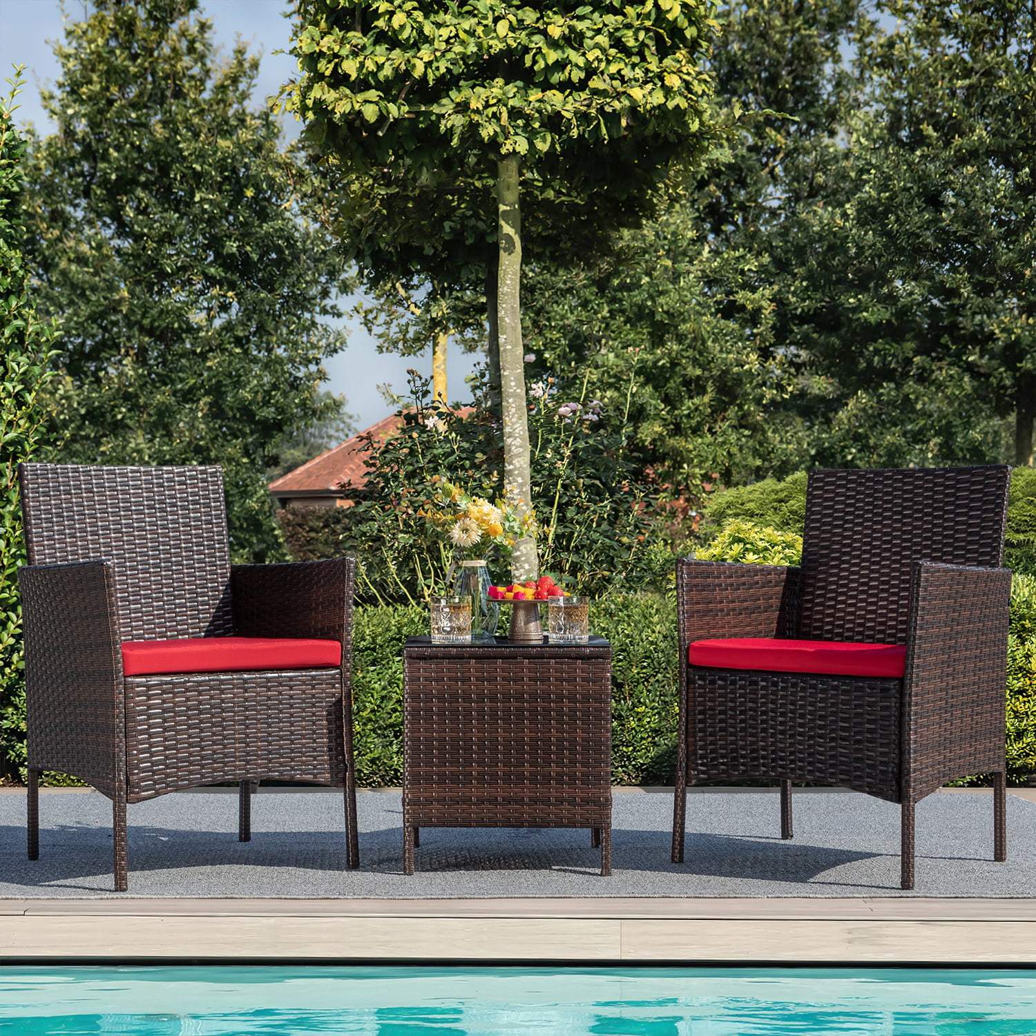 Homall 3 Pieces Patio Furniture Set Outdoor PE Rattan Wicker Patio Conversation Set Bistro Set with Tempered Glass and Cushioned Chairs, Brown/Red