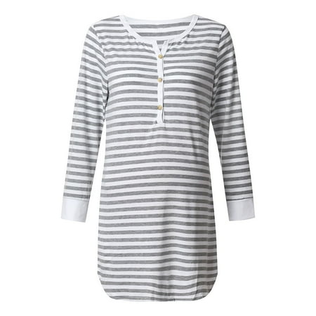 

Chamat Women s Nursing Nightie Long Sleeve Striped Maternity Breastfeeding Dress Maternity Pajamas Nightwear Grey S