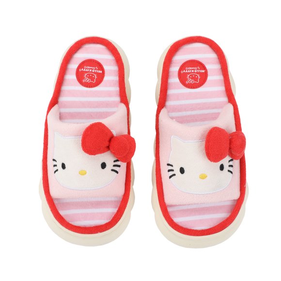 Hello Kitty 3D Character Face Art Women's Pink & White Striped Open-Toed Slide Slippers-Medium