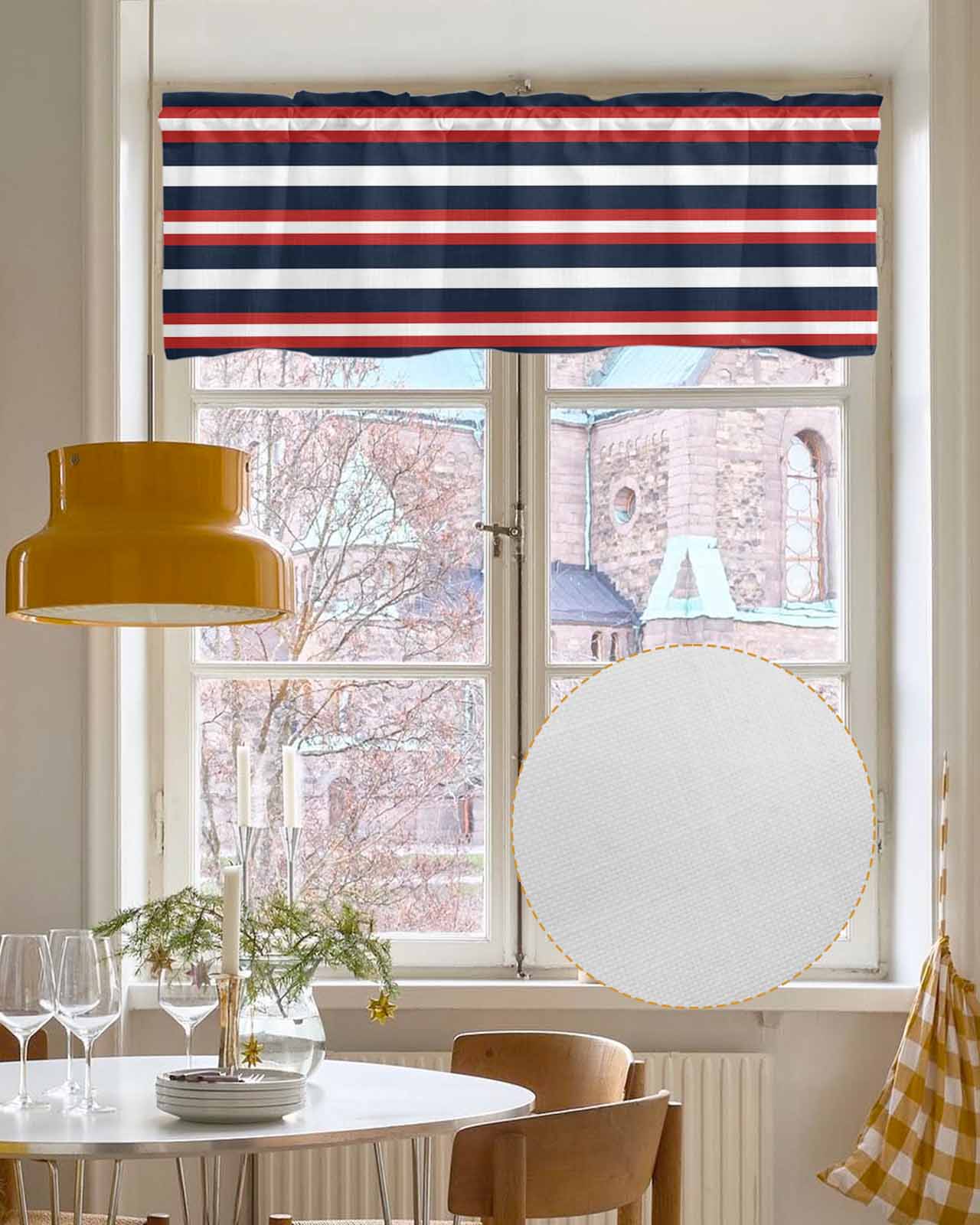 Red Navy Blue Striped Kitchen Valances for Windows Farmhouse Linen Window Valance Curtain for Living Room Window Treatment Contemporary Minimalist Aesthetic Valance Rod Pocket Topper, 42 x 18 Inch