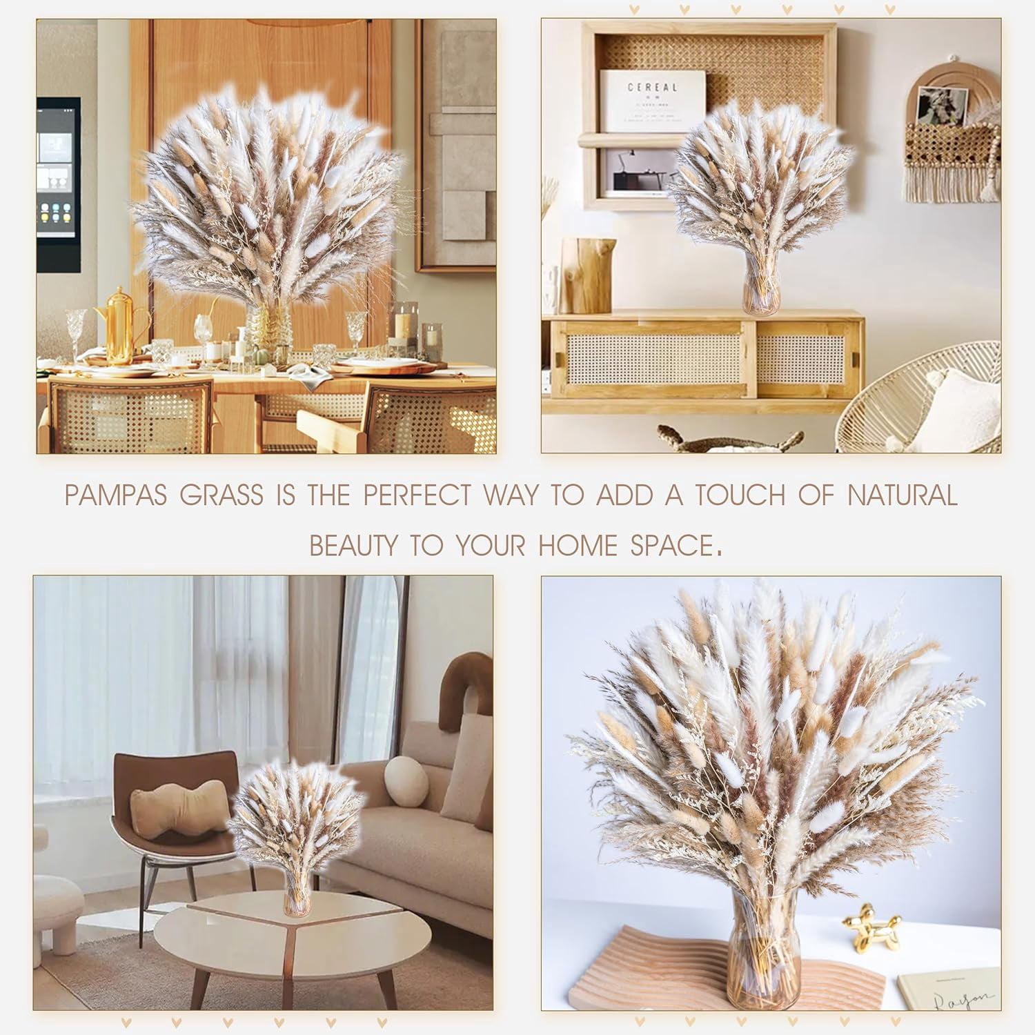 220PCS Natural Dried Pampas Grass Bouquet, Phragmites Dried Flowers Boho Home Decor for Wedding Floral Arrangements & Living Room Decorations