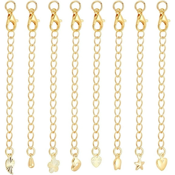 24 Pcs Gold Chain Extender 8 Styles Jewelry Chain for Necklace Bracelet Anklet Extension with Lobster Clasp for Jewelry Making KK-GA0001-52G Real 18K Gold Plated