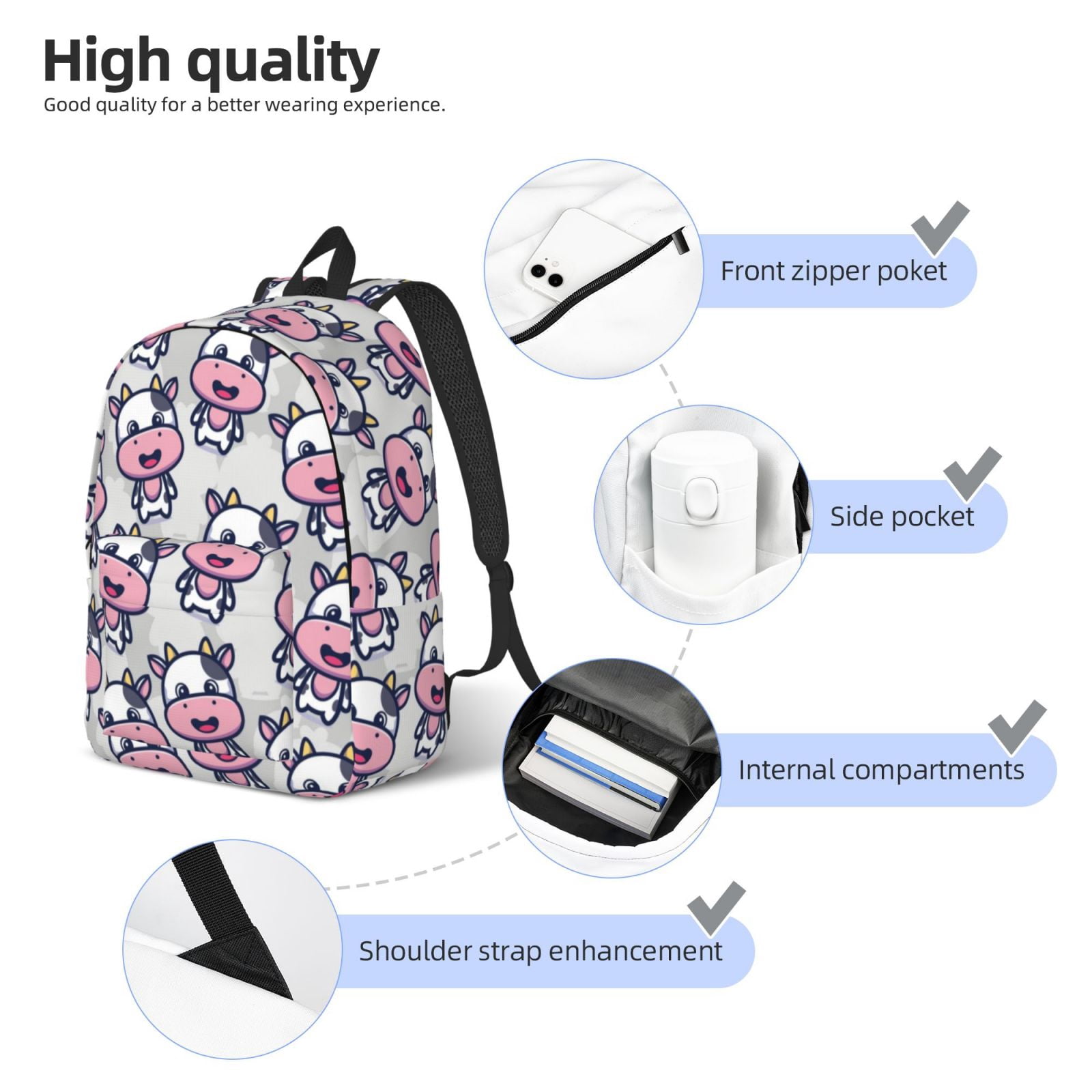 Vsdgher Baby Cow Print Canvas Backpack Travel Rucksack Unisex Knapsack 15.7/17.7Inch Laptop Backpack for Work,College -Medium