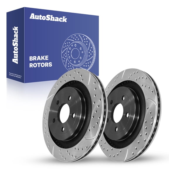 AutoShack Rear Brake Rotors for Ford, Mustang 2015-2023, RWD L4 2.3L V8 5.0L 5.2L - E-Coated Drilled & Slotted - ShadowGuard - 12.99" (330 mm), 5-Lug