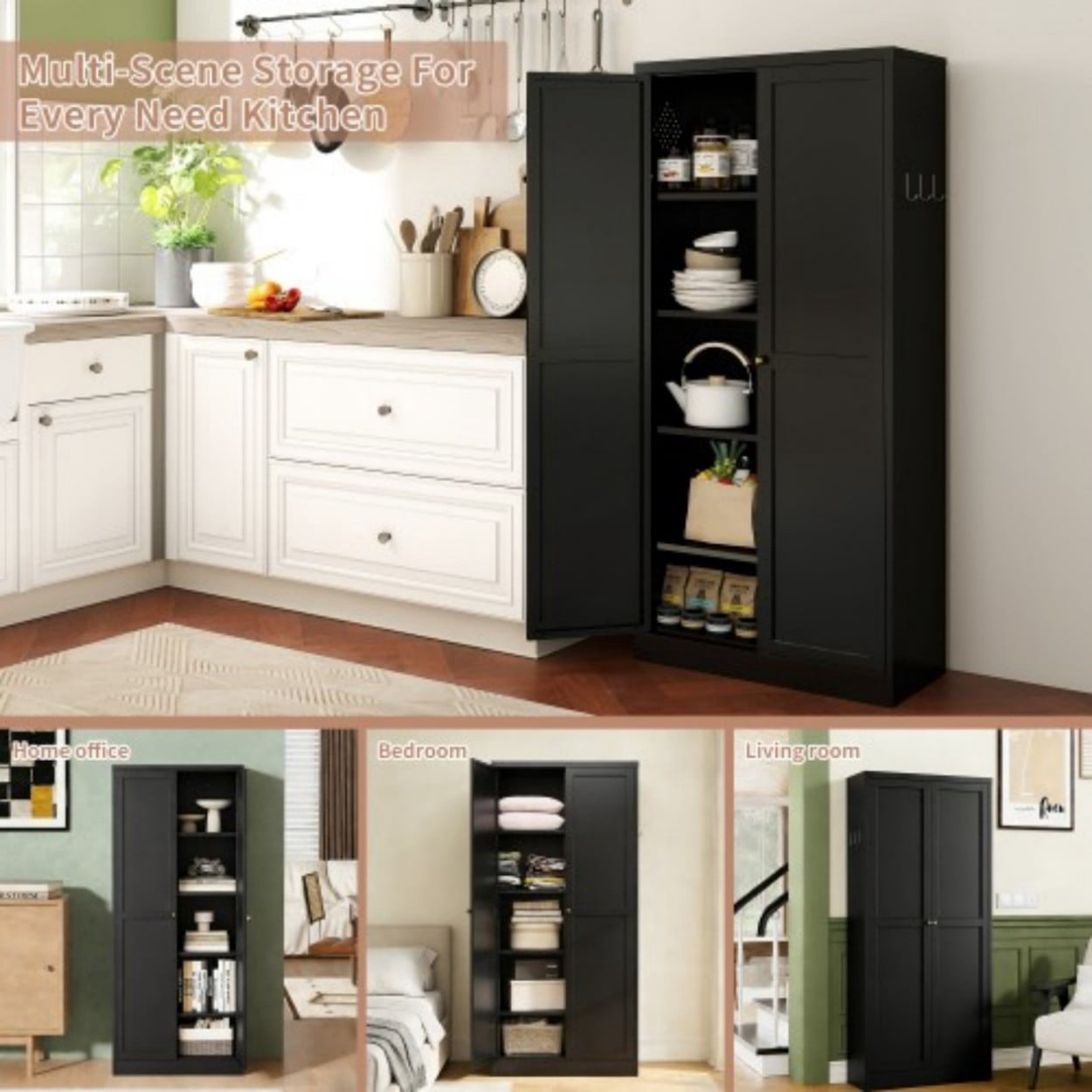 61" Metal Kitchen Pantry Cabinet, Heavy Duty Freestanding Storage Cabinet with 4 Adjustable Shelves, Farmhouse Organizer with Doors for Kitchen Living Room, Black