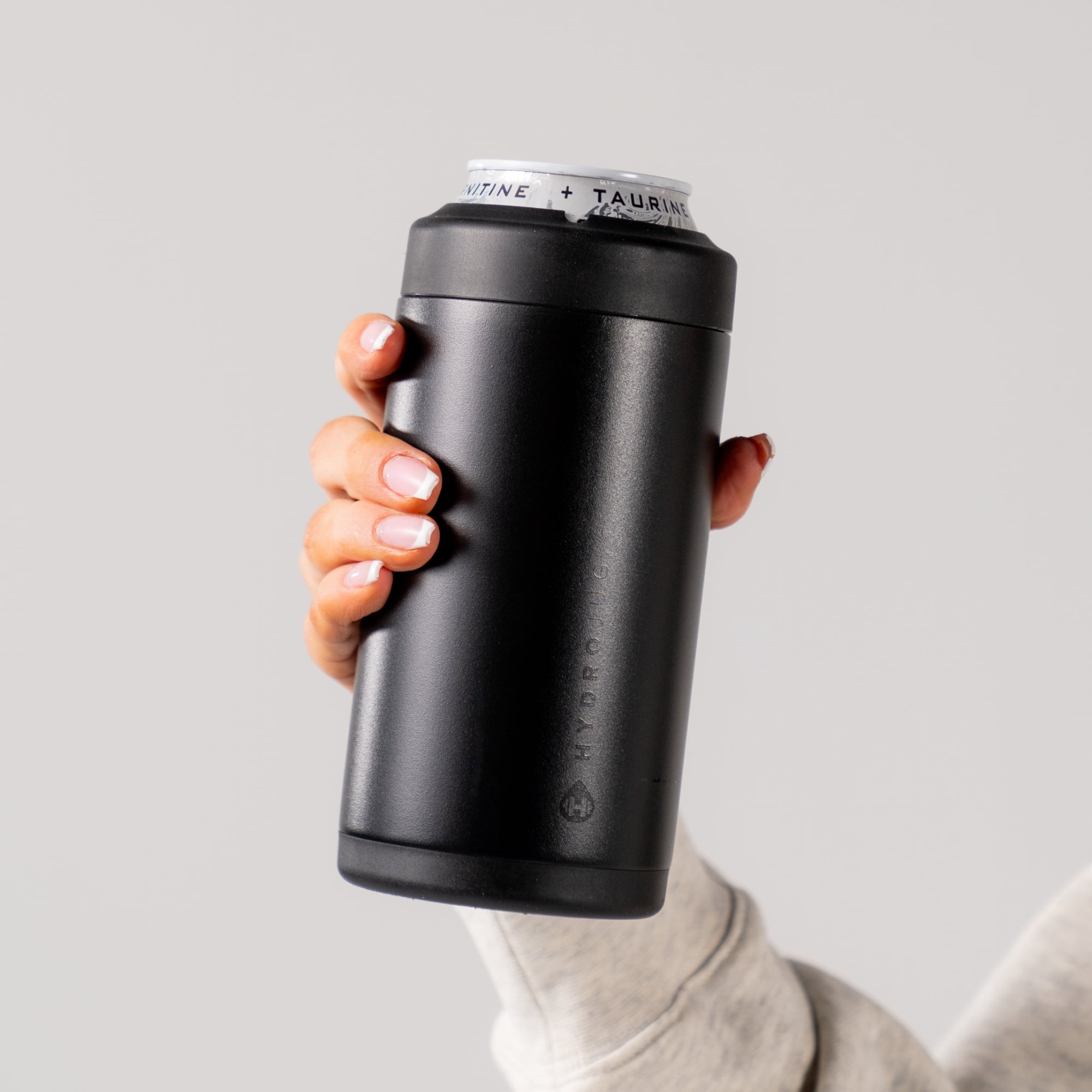 HydroJug Can Cooler - Standard 2-in-1 Insulated Can Cooler Cup 16oz - Stainless Steel, Non-Slip Rubber Base, Screw-Top Lid - Black