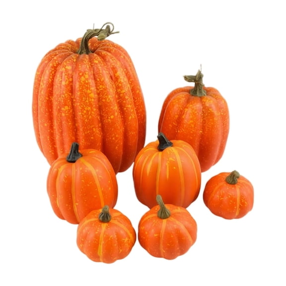 7 Pcs Assorted Size Artificial Pumpkin Set, Realistic Fake Foam Pumpkins, Decorative Faux Pumpkins for Halloween Fall Thanksgiving Home Party Table Decor,Orange