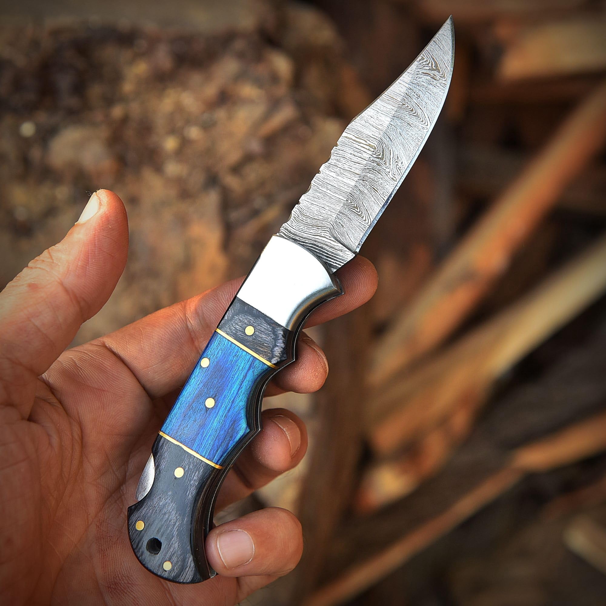 Poshland Damascus Steel Folding Knife – 3'' Blade with Blue Pakka Wood Handle, Ideal for Camping