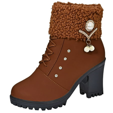 

ZMHEGW Womens Boots Fall Winter Classic Chic Versatile Rhinestone Pearl Plush Ankle Booties With Round Toe Side Zipper Thick Heels High Heels Boots Shoes