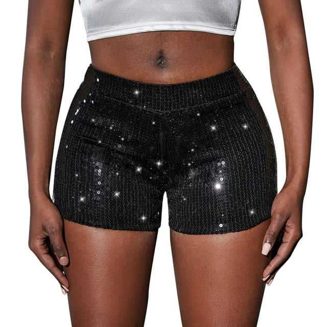 Pantalones cortos de lentejuelas de cintura alta para mujer: pantalones elásticos con cordón para fiestas y uso informal